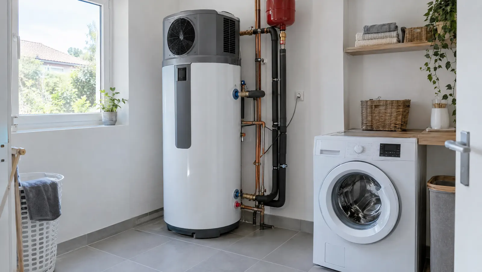 Chauffe-eau thermodynamique installé dans la buanderie d’une maison, à côté du lave-linge