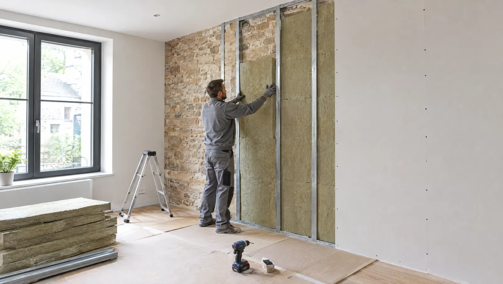 Artisan posant des panneaux isolants et une ossature métallique contre un mur en pierre, à l’intérieur d’une maison